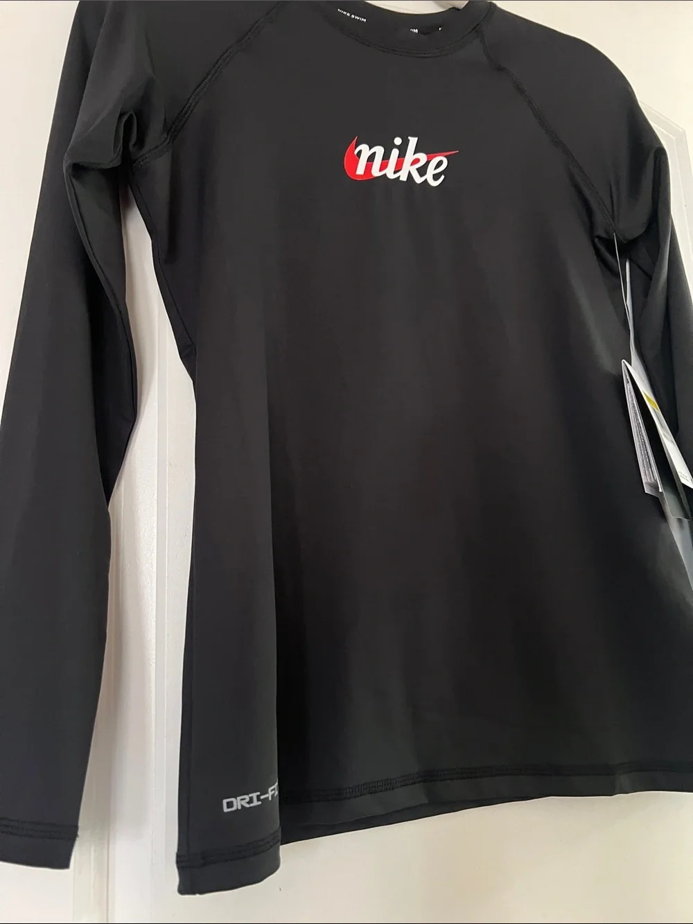 Nike Black Long-Sleeve Swim Top with Red-Accent Logo